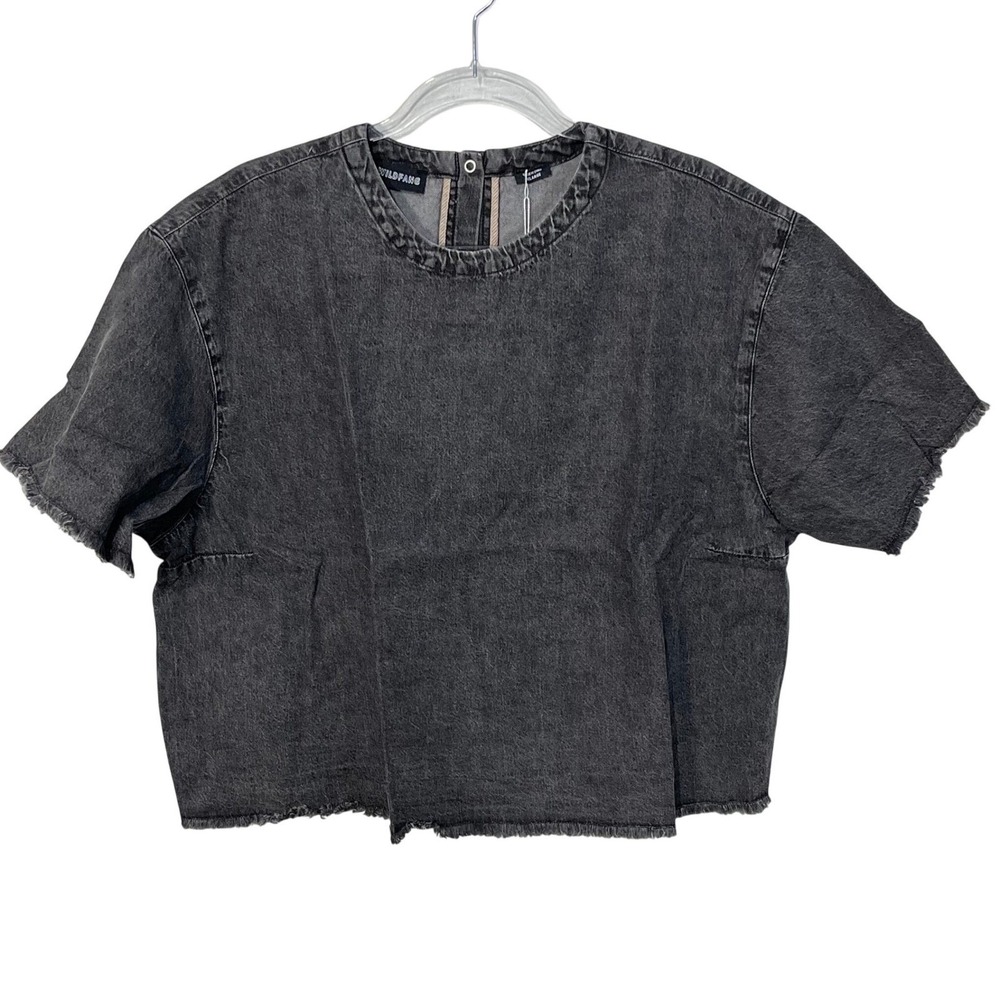 Wildfang Essential Denim Boxy Top Women XL Black Gray Raw Hem WN7802